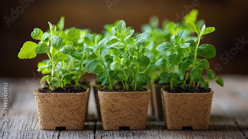 Young mint plants growing in eco-friendly pots on a rustic wooden surface