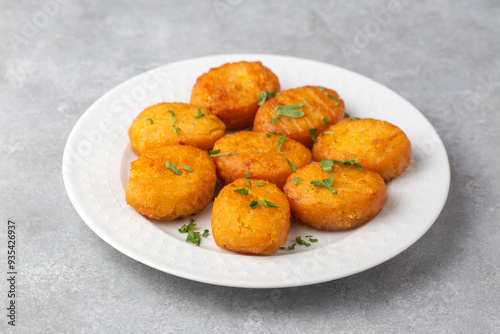 A plate of delicious fried potato patties (Turkish name; patates koftesi) photo