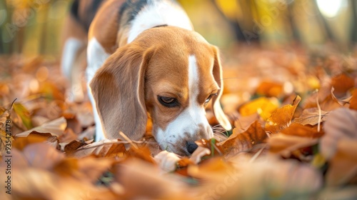 a beagle sniffing the ground, surrounded by autumn leaves.