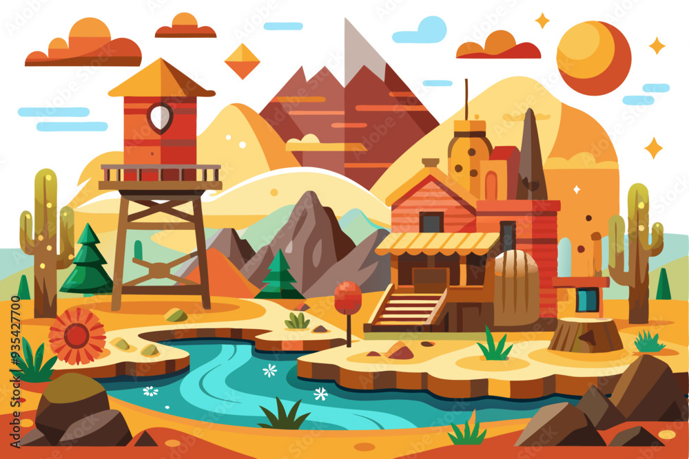 Obraz premium A Desert Landscape with a Tower, a House, and a Winding River