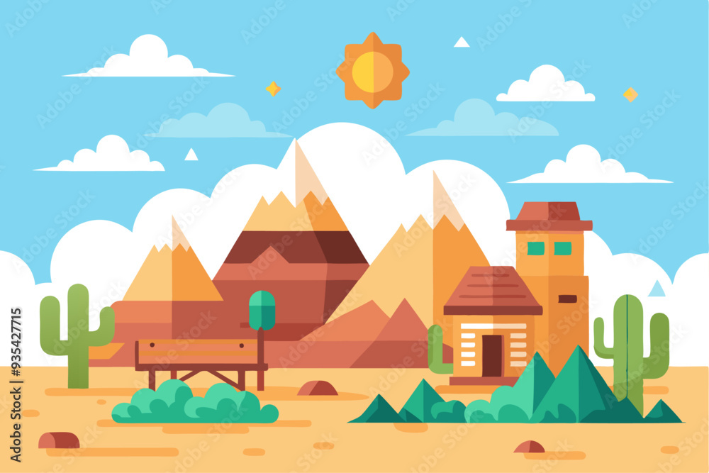 A Sunny Day in a Desert Landscape with Mountains, a House, and Cacti A Sunny Day in a Desert Landscape with Mountains, a House, and Cacti