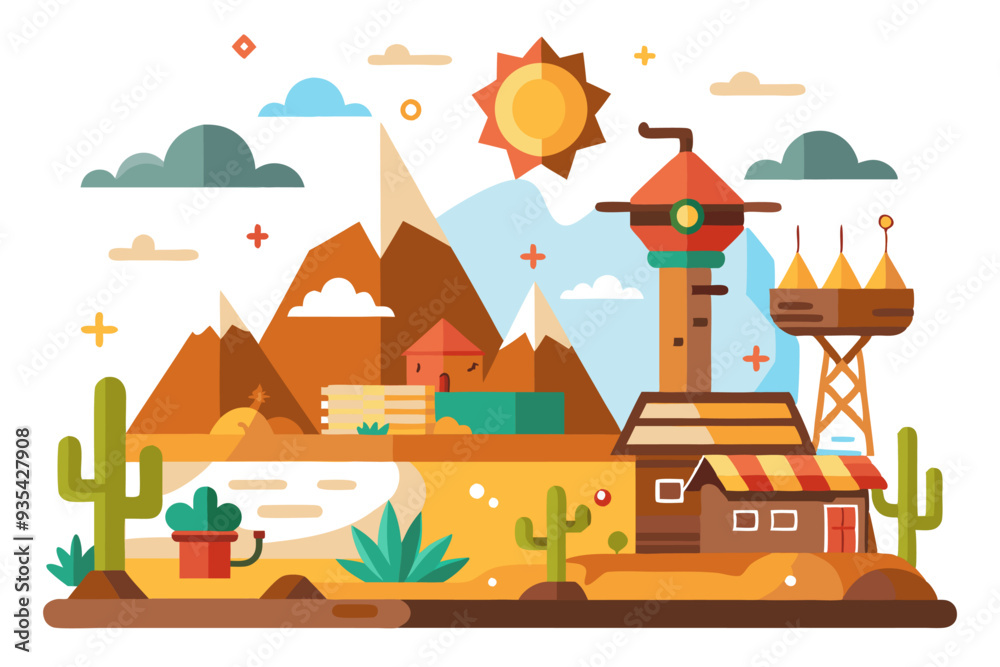 A Flat Design Illustration of a Desert Town with a Tower, Houses, and Cacti