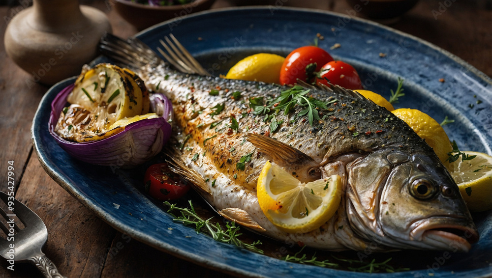 Whole grilled fish with lemon slices and herbs, served on a rustic plate with a side of grilled vegetables. Whole grilled fish with lemon slices and herbs, served on a rustic plate with a side of grilled vegetables.