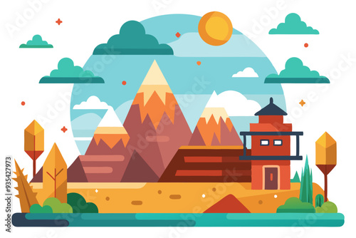 Mountainous Landscape with a Red House and Lush Greenery