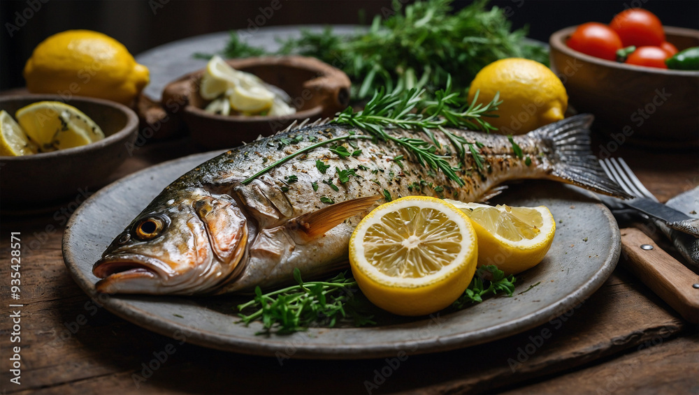 Whole grilled fish with lemon slices and herbs, served on a rustic plate with a side of grilled vegetables. Whole grilled fish with lemon slices and herbs, served on a rustic plate with a side of grilled vegetables.