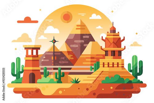Desert Oasis with Pyramids, Buildings, and Cacti