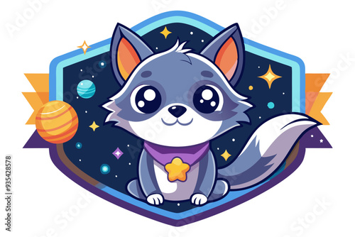 Cute Cartoon Wolf in Space with Stars and Planets