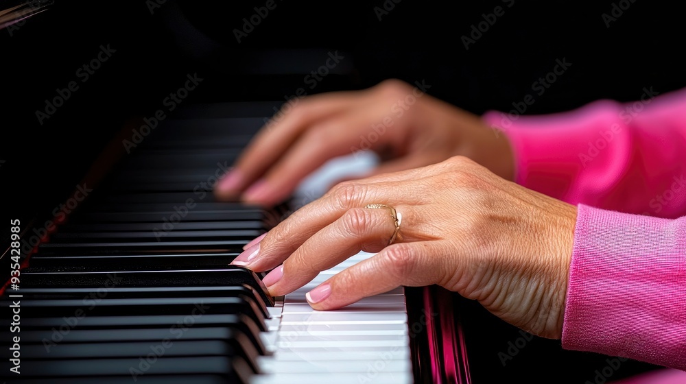 Fototapeta premium Woman Playing Piano In A Nightclub, Keys Sparkling Under Lights 