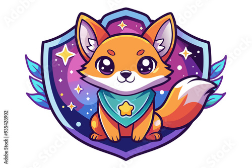 Cute Cartoon Fox in a Starry Shield with Wings