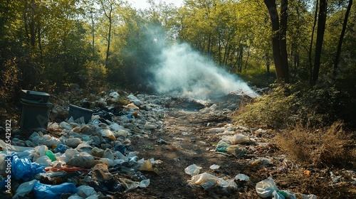 A forest area littered with garbage, with smoke rising from burning waste, highlighting environmental pollution in a natural setting.
