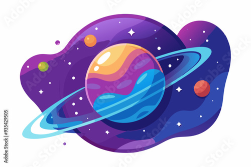 Colorful Planet with Rings in Space