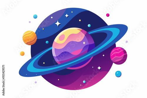 Colorful Planet with Rings and Stars in Space