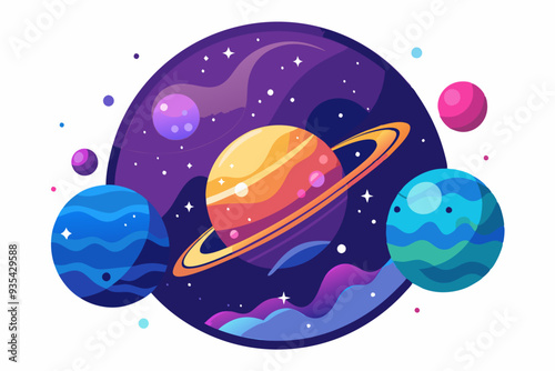 Colorful Planets and Stars in Space