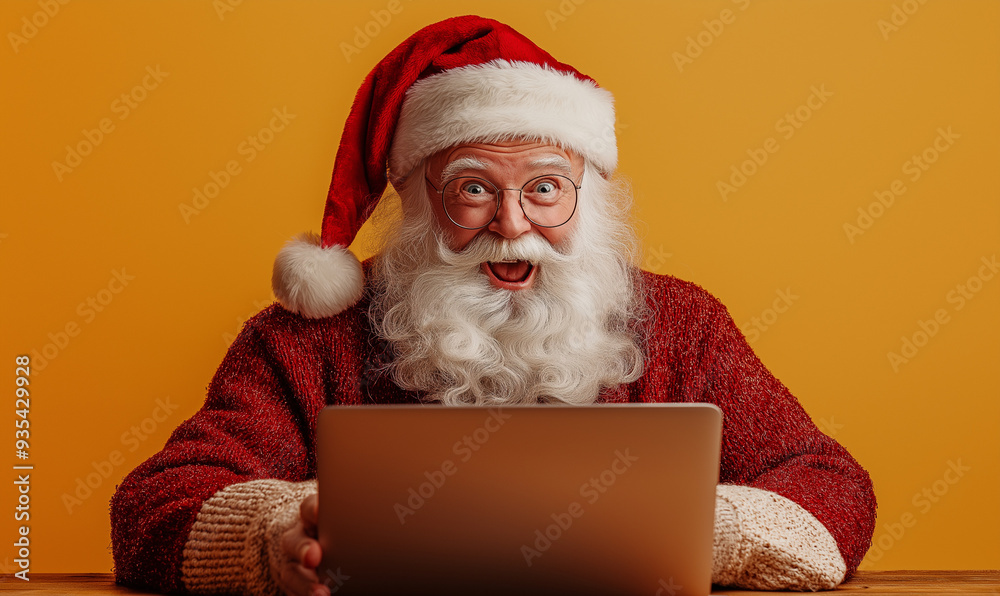 Santa Claus using laptop computer on orange background, modern jolly Saint Nick embracing technology for Christmas preparations Santa Claus using laptop computer on orange background, modern jolly Saint Nick embracing technology for Christmas preparations