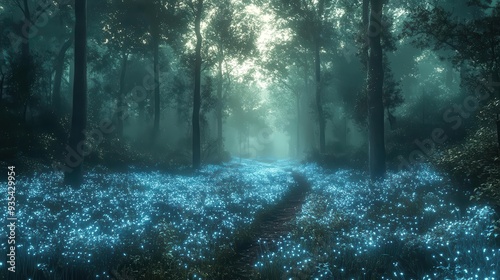 enchanted forest at twilight bioluminescent flora mystical creatures ethereal mist