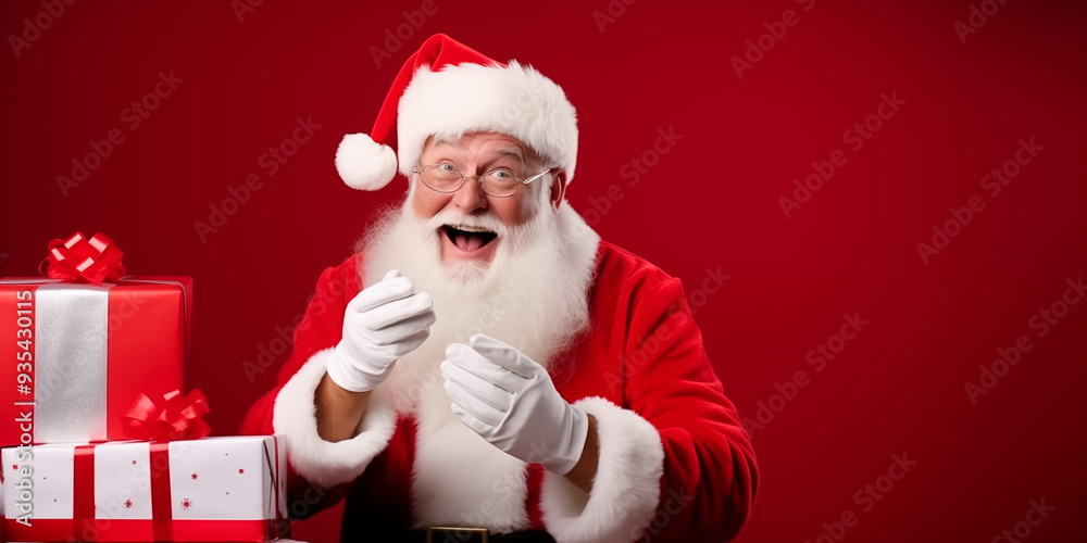 Surprised Santa Claus holding smartphone with gift boxes on red background, modern technology meets Christmas tradition Surprised Santa Claus holding smartphone with gift boxes on red background, modern technology meets Christmas tradition