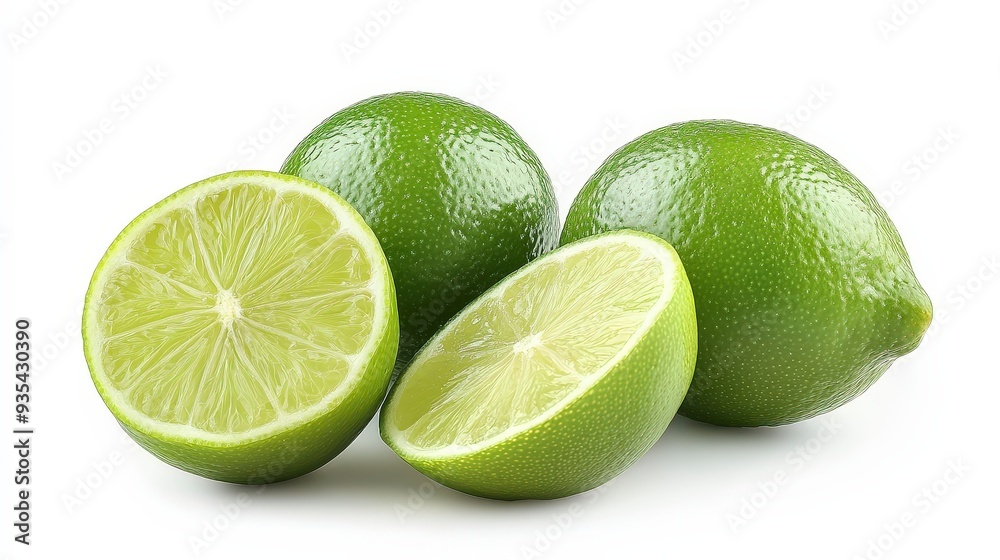 Three whole limes and two lime halves on a white background. Three whole limes and two lime halves on a white background.