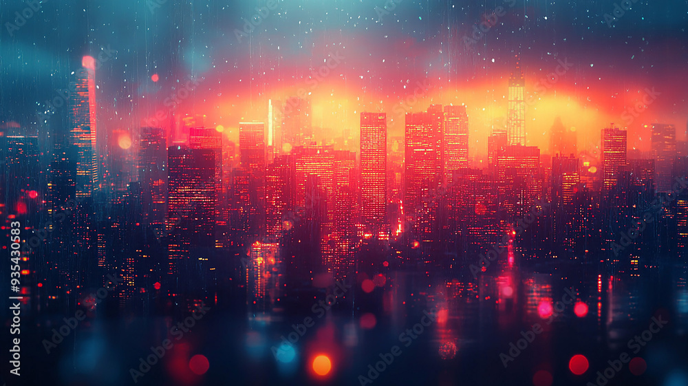 Obraz premium Vintage poster template with retro design elements, set against a softly blurred cityscape background.