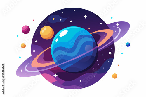 A blue planet with rings in a starry space with other planets