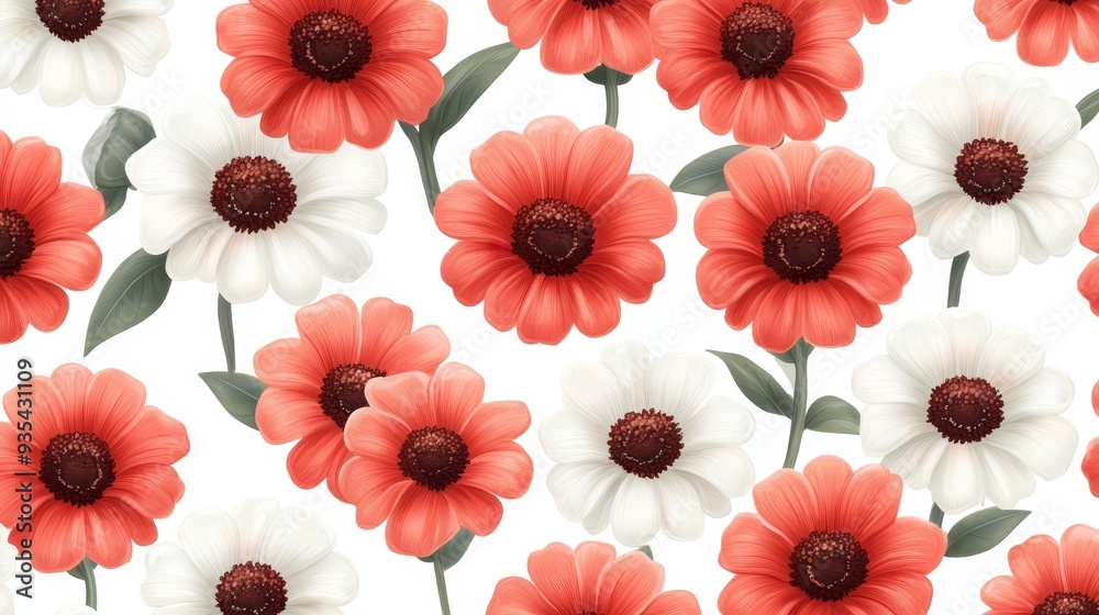 Seamless Pattern With Red and White Flowers on White Background Seamless Pattern With Red and White Flowers on White Background