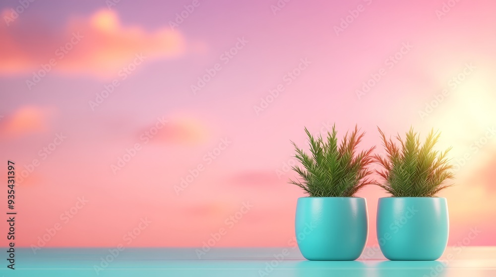 Two Green Plants in Blue Pots Against Pink Sunset Sky Two Green Plants in Blue Pots Against Pink Sunset Sky