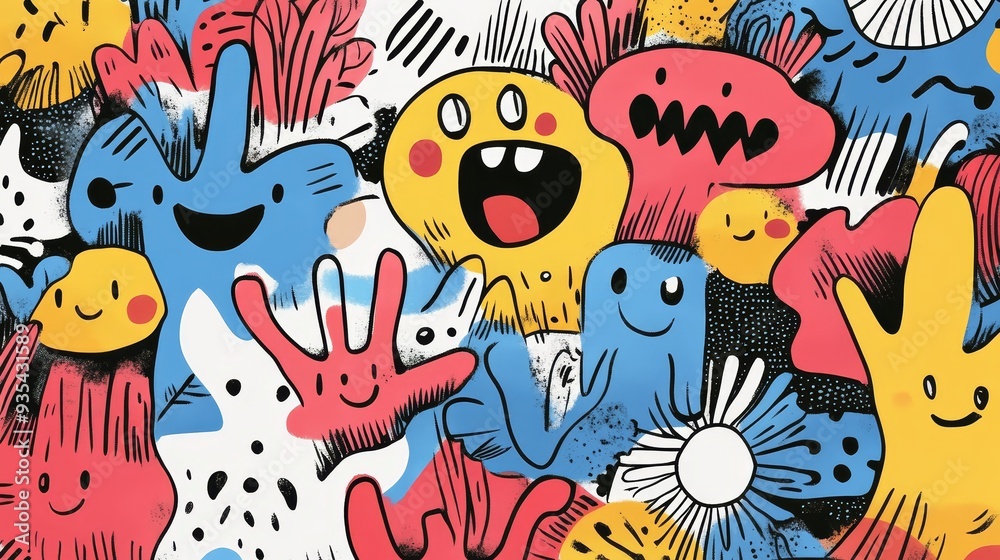 Colorful Doodle Pattern with Happy Faces Abstract Shapes and Lines Colorful Doodle Pattern with Happy Faces Abstract Shapes and Lines
