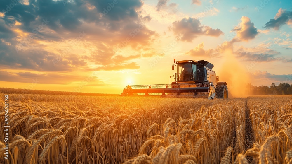 Fototapeta premium Harvesting wheat at sunset with a combine harvester in a golden field