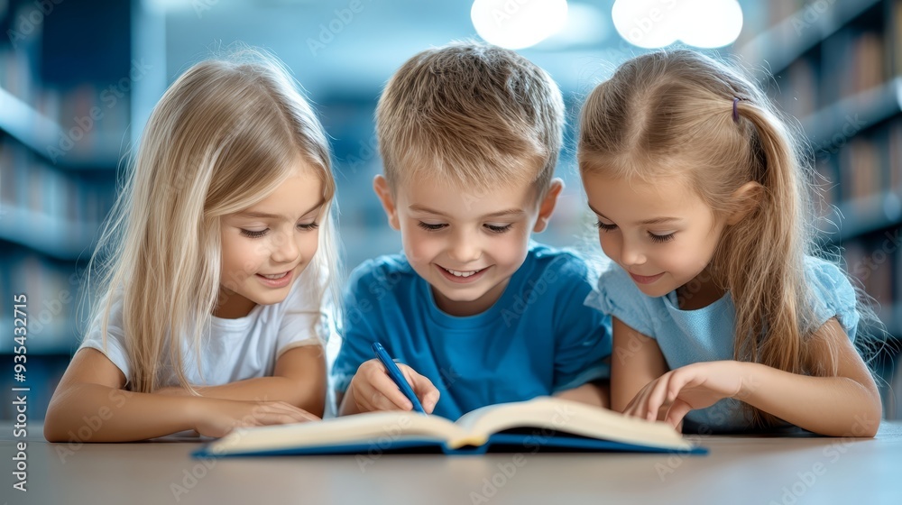 Happy Children Reading Book Together in Library Happy Children Reading Book Together in Library