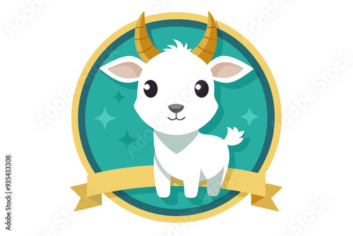 Cute Cartoon Goat with Horns in a Teal and Yellow Oval