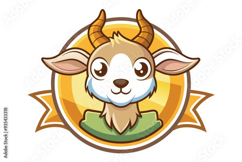 Cartoon Goat with Horns in a Circular Frame with a Ribbon
