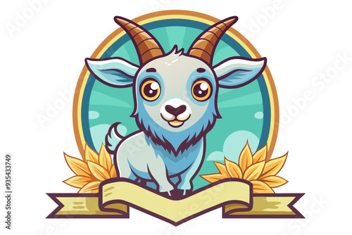 Cartoon Goat with Horns and a Floral Banner