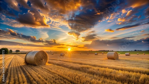 Vibrant sunset over a rural field with freshly harvested golden hay bales.