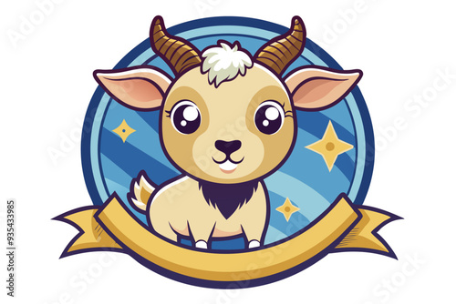 Cartoon Goat with Horns and a Ribbon Banner