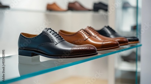 Elegant Men's Shoes on a Glass Shelf.