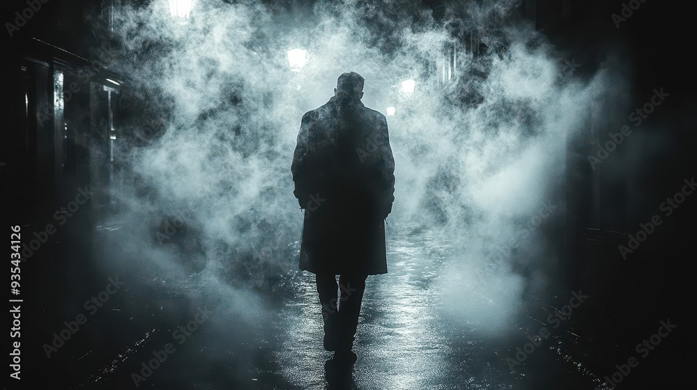 enigmatic figure emerges from shadowy alleyway silhouetted against dim streetlights noirstyle composition with high contrast deep blacks and misty atmosphere enigmatic figure emerges from shadowy alleyway silhouetted against dim streetlights noirstyle composition with high contrast deep blacks and misty atmosphere