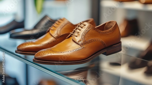 Elegant Brown Leather Shoes Displayed On Shelf.