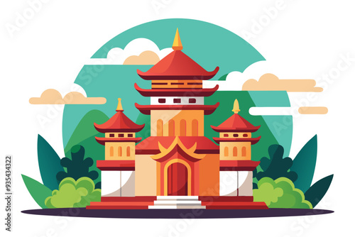 Traditional Asian Temple with Red Roof and Surrounding Greenery