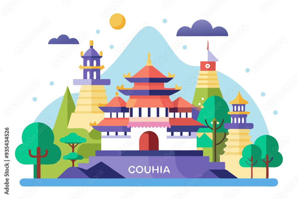Fototapeta premium Colorful Flat Illustration of Couhia Cityscape with Temples, Trees, and Clouds