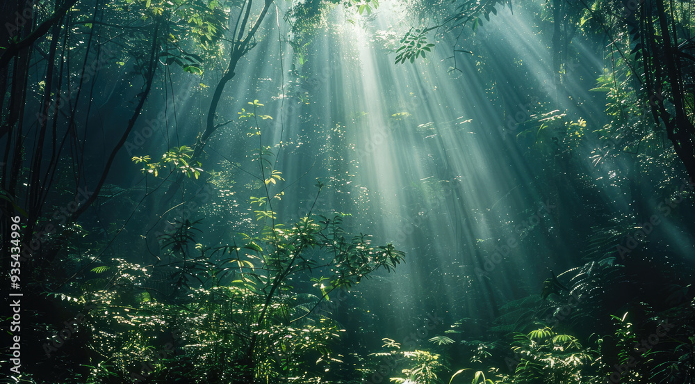 Shafts of light from a headlamp pierce through the dense forest canopy. Generative AI. Shafts of light from a headlamp pierce through the dense forest canopy. Generative AI.