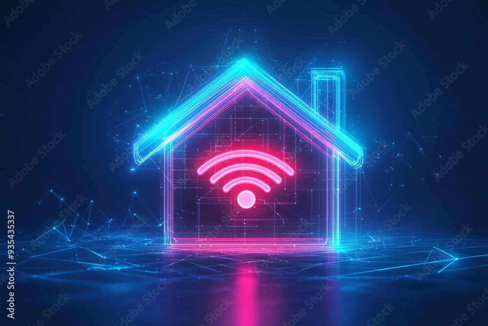 A minimalistic home icon with a WiFi icon inside, surrounded by sleek, futuristic lines representing smart home connectivity. A minimalistic home icon with a WiFi icon inside, surrounded by sleek, futuristic lines representing smart home connectivity.