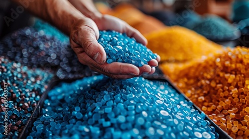 Close-up of hands holding vibrant blue plastic polymer pellets photo