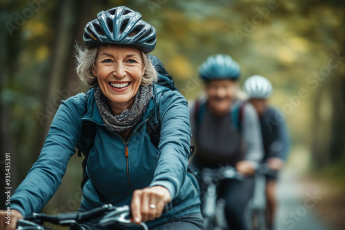 Active senior people are riding bicycles outdoors by a road in nature. Middle age woman is riding a bike in a forest, happy and smiling, active live concept