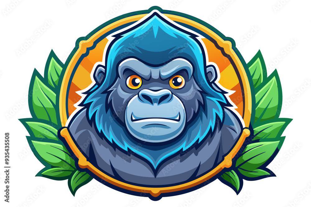 Fototapeta premium Blue Gorilla Head with Green Leaves and Yellow Circle