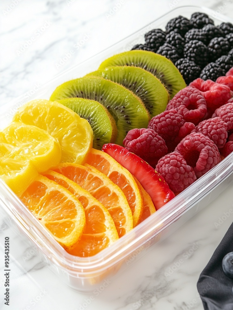 Fresh fruit salad in a glass bowl with citrus, kiwi, strawberry, and lemon slices Fresh fruit salad in a glass bowl with citrus, kiwi, strawberry, and lemon slices