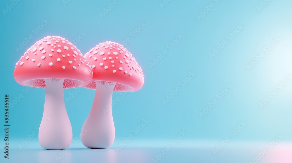 Two Pink Mushrooms on a Blue Background Two Pink Mushrooms on a Blue Background