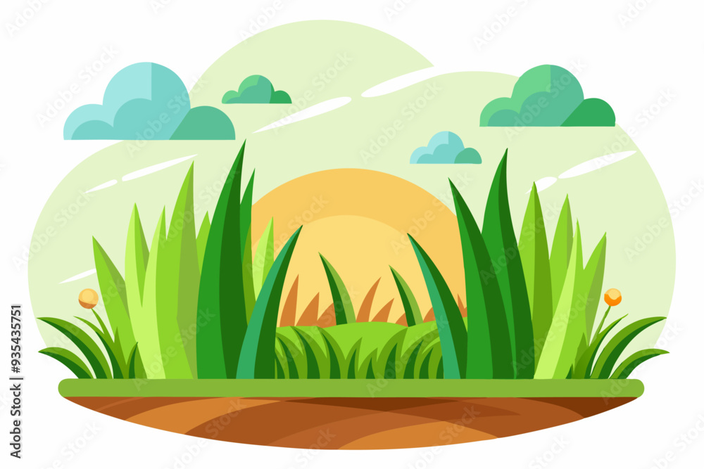 Obraz premium Lush Green Grass Under a Setting Sun with Clouds