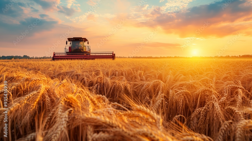 Fototapeta premium Harvesting wheat at sunset in a golden field with a combine harvester in action