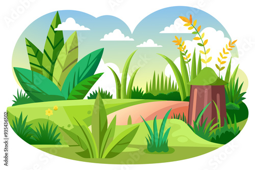 Lush Green Meadow with a Tree Stump and Flowers