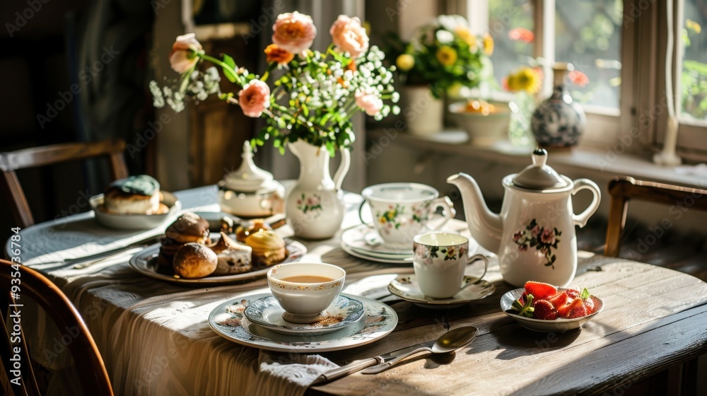 A breakfast spread on a rustic table, with fresh flowers and soft morning light creating a cozy scene A breakfast spread on a rustic table, with fresh flowers and soft morning light creating a cozy scene