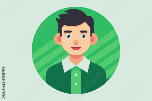 Cartoon Illustration of a Smiling Man with Black Hair Wearing a Green Shirt